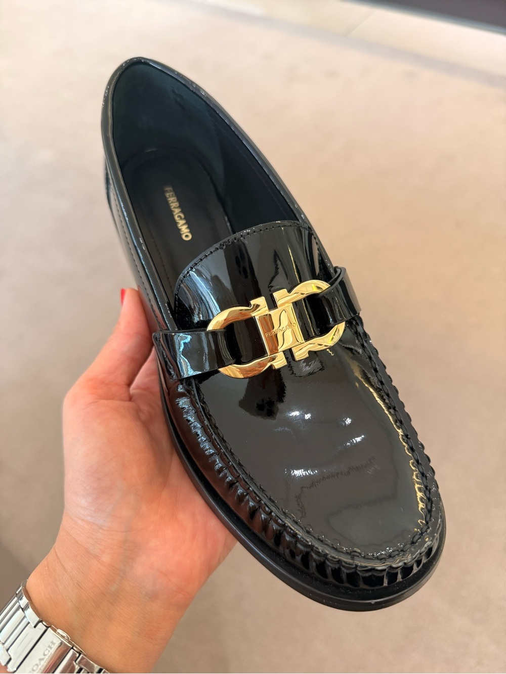 Salvatore Ferragamo Maryan Gancini Patent‎ Leather Loafer Black Gold Logo
